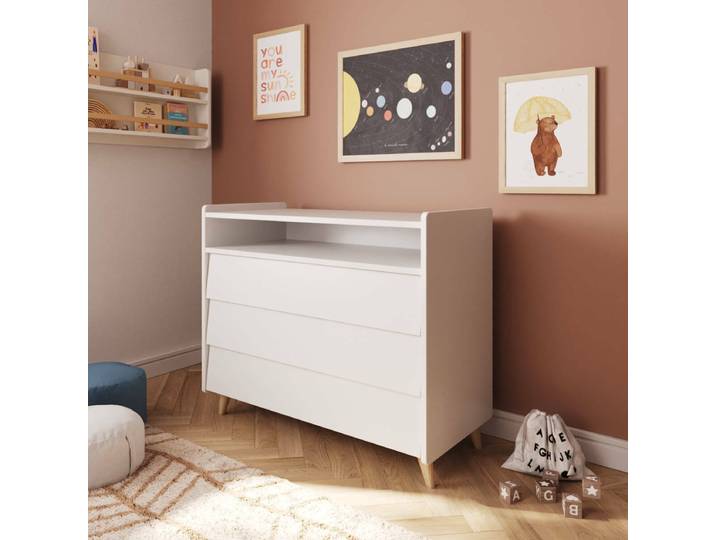 Akiten Retail Commode 3 tiroirs Bois massif PETER Blanc Et Bois