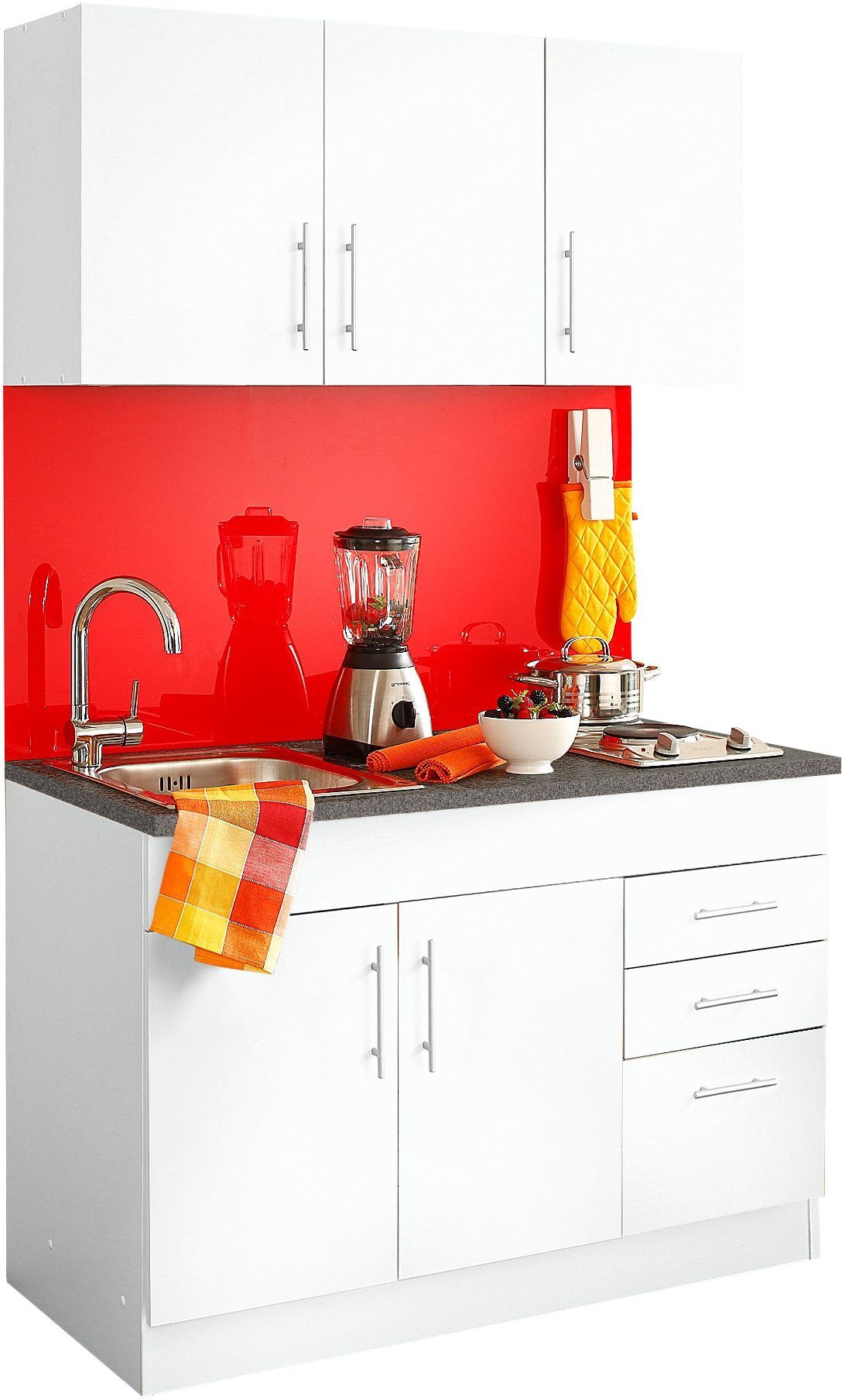 Pantryküche KOCHSTATION "KS-Toledo", weiß (küche: weiß, korpus: weiß, arbeitsplatte: granit), B:120cm T:60cm, Komplettküchen-Sets, Pantryküche, mit E-Geräten, Breite 120 cm