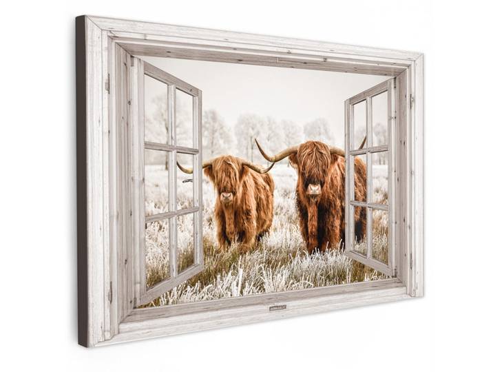 MuchoWow Leinwandbild Durchblick - Schottische Highlander - Tiere Groß 140x90 cm, Hellbraun, Kiefer, Rechteckig, 140x90 cm, gerahmt, Bilder & Rahmen, Bilder, Leinwandbilder