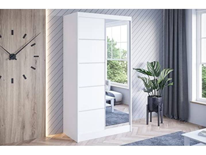 ML Furniture Ltd Kleiderschrank mit Spiegel 100 cm Daytona Schwebetürenschrank Schrank Garderobe Schlafzimmer- Wohnzimmerschrank Farbe: Weiß Matt