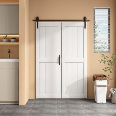 Nuzanto 84''H Double H-Frame Bifold Sliding Barn Door With Installation Hardware Kit
