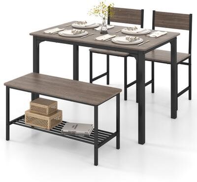 Costway 4 Pieces Rustic Dining Table Set with 2 Chairs and Bench-Gray