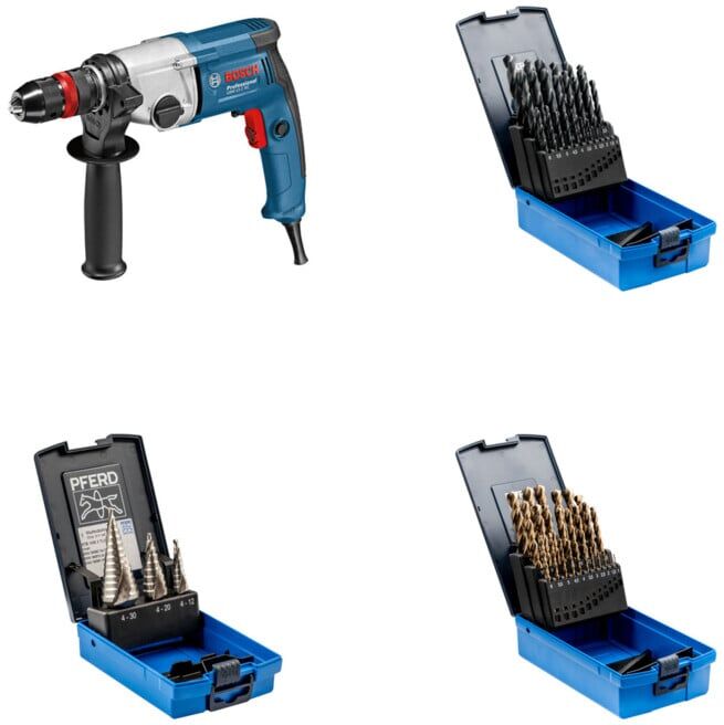Set BOSCH Bohrmaschine GBM 13-2 RE + PFERD Stufenbohrer-Set HSS 3-tlg. + PFERD Spiralbohrer-Set 25-tlg. STEEL HSSG N DIN 338 universal + PFERD Spiralbohrer-Set 25-tlg. INOX HSSE N DIN 338