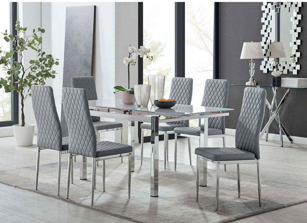 Mercury Tierra Modern Glass & Metal Extendable Dining Table Set & 6 Luxury Faux Leather Dining Chairs Grey/Silver 6