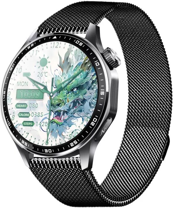 INF Smartwatch mit EKG, Herzfrequenzmesser, Blutdruckmessgerät und Schrittzähler Schwarzes Milanaise-Armband