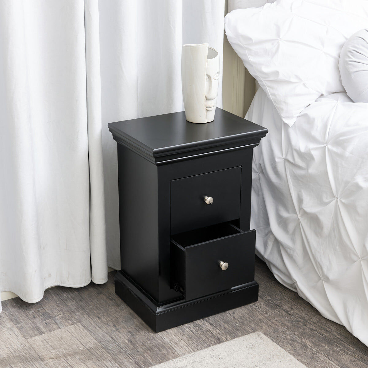Black 2 Drawer Bedside Table - Slimline Haxey Black Range Wood, Metal