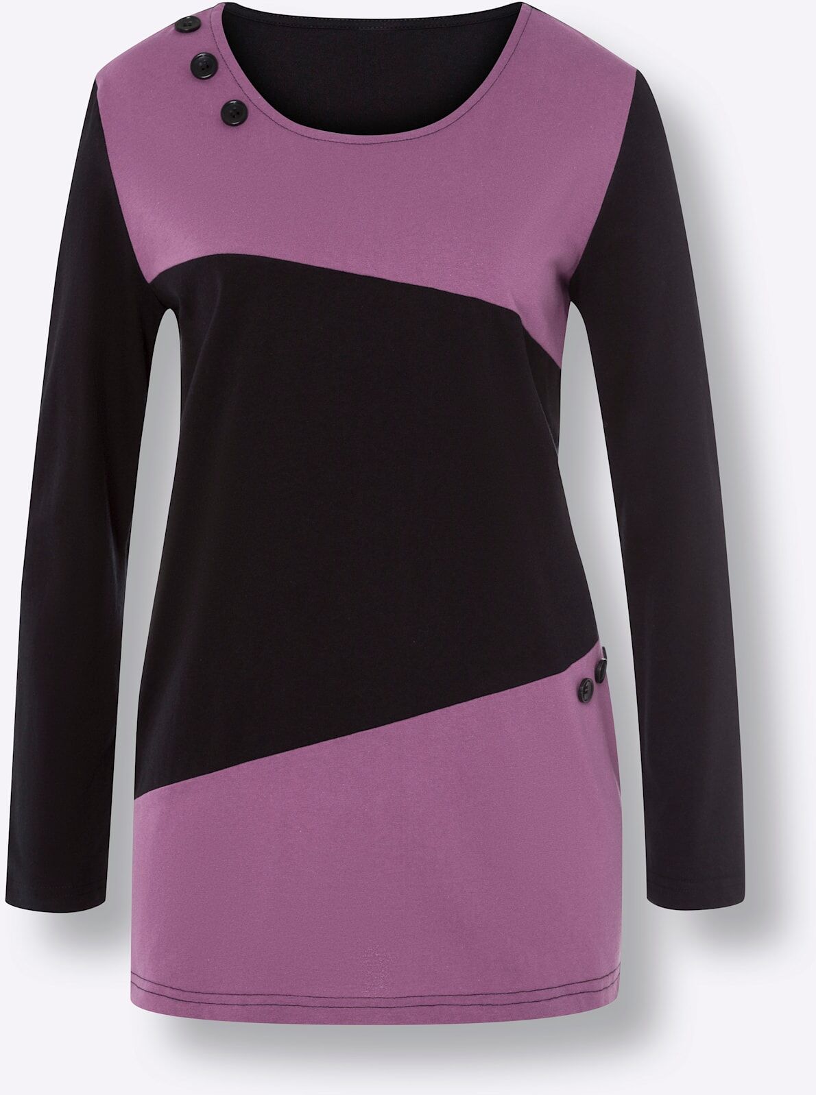 Langarmshirt CLASSIC BASICS "Longshirt", Damen, Gr. 38, bunt (schwarz, violett), 100% Baumwolle, gemustert, mehrfarbig, Rundhals, Shirts Langarmshirt schwarz, violett 38