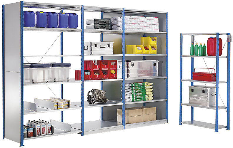 Schnellbau-Schwerlast-Steckregal, Fachboden-BxT 1250 x 400 mm, Fachlast 225 kg, Anbauregal, Höhe 2000 mm, 5 Fachböden Manorga