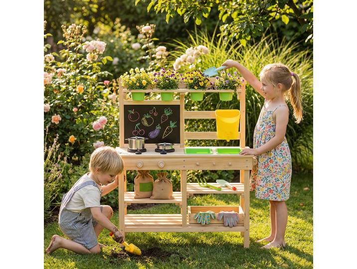 AIYAPLAY Cuisine Enfant Extérieure Bois Naturel avec Évier 77cm