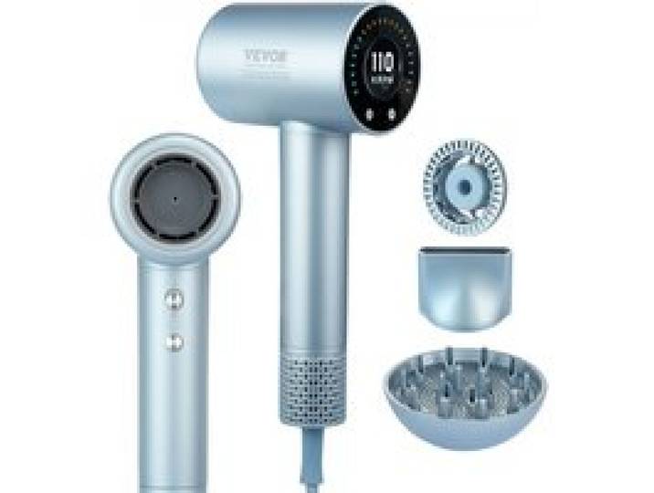 VEVOR Sèche-cheveux haute vitesse avec moteur sans balais 105000 tr/min, 200 millions d'ions négatifs, 4 températures et 3 vitesses, thermo-contrôle avec écran LCD diffuseur et buse pour maison voyage