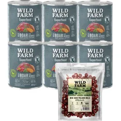 WILD FARM Superfood Wildschwein (Hirschfleisch mit Süßkartoffeln, Beeren und Kräutern) 6x800g getreidefreies Hundefutter + WILD FARM Entenrolle 500g