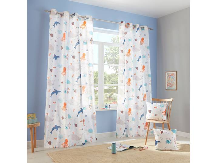 Gardine OTTO HOME OCEAN Gr. 2, weiß, B:135cm H:175cm, Baumwolle, Polyester, Gardinen, Gardine, Kindergardine einseitig mit Meerestieren bedruckt, Tiere