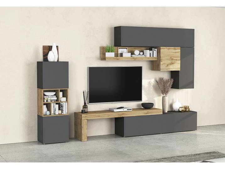 Wohnwand, Holzwerkstoff, Anthrazit/Eiche Wotan, 320 cm, 8-teiliges Set, Modern, Inosign
