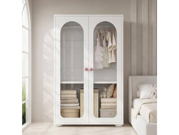 Kinderkleiderschrank Weiß 80×50×120 cm mit Acryl-Transparenttüren Kinderschrank mit Verstellbaren Einlegeböden, Keramikgriffen, Kleiderstange, Kleiderschrank Kinderzimmer