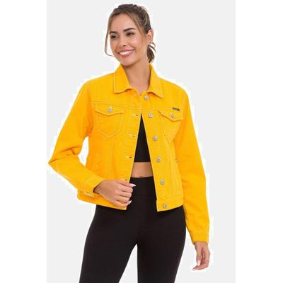 Jeansjacke CIPO & BAXX "Jeansjacke", Damen, Gr. XL, gelb, Stoff, 100% Baumwolle, unifarben, regular fit normal, Manschette, Jacken Jeansjacke, Mit praktischen Brusttaschen, WJ212