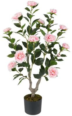 1/2pcs 3Ft Faux Camellia Tree w/ Flowers Small Potted Cement Base