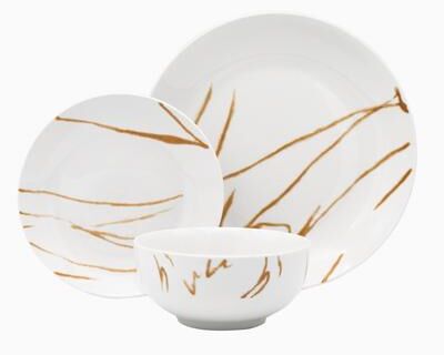 Godinger Boulon Gold Porcelain 12 Piece Dinnerware Set, Service For 4