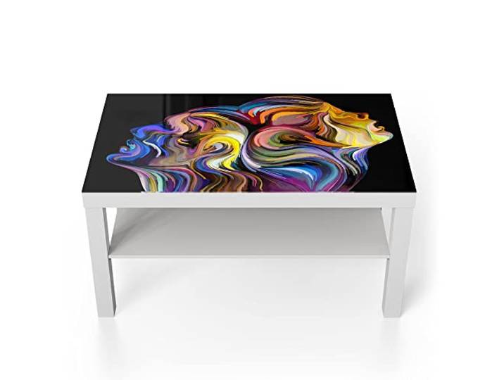 DEQORI Glastisch weiß groß 90x50 cm Motiv Liebespaar Kopf an Kopf ausgefallener Beistelltisch aus Glas Hochglanz Couchtisch fürs Wohnzimmer moderner Couch Tisch mit Design