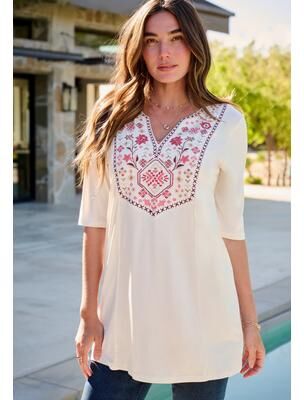 Plus Size Women's Embroidered Swing Tunic by Roaman's in Ivory Multi Embroidery (Size 12)