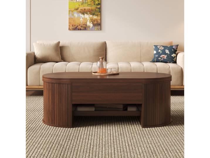 Table basse relevable PINGGO avec côtés en bois courbés, étagère extensible, plateau relevable, meubles multifonctionnels pour le salon