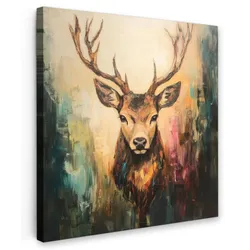 LEINWANDBILD Hirsch - Gemalt - Geweih - Braun Wandbild Wohnzimmer 50x50 cm