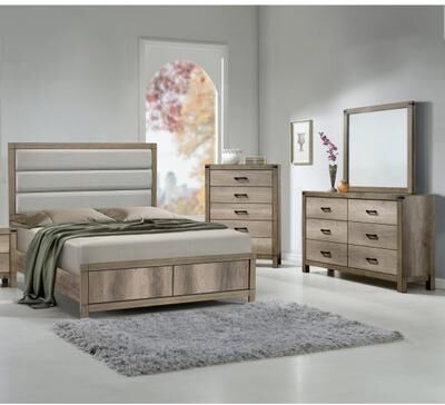 Esofastore Weathered Gray Finish Panel 4pc Upholstered Bed Dresser Mirror Chest Set Furniture