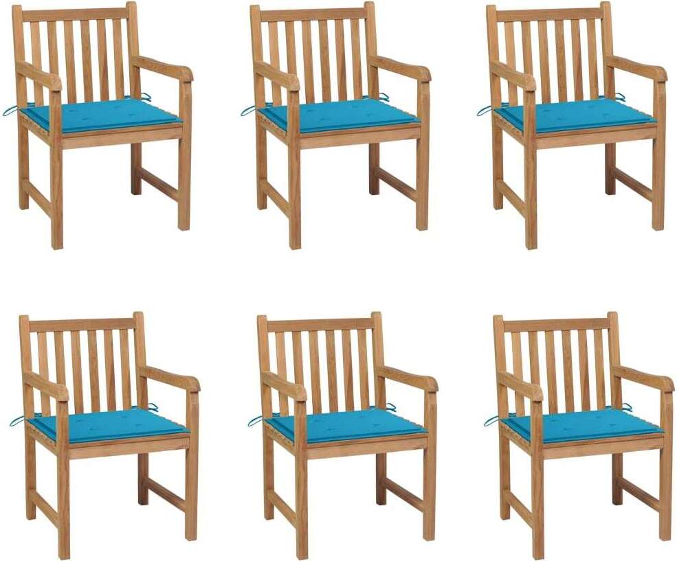 Gartenstühle 6 Stk. mit Blauen Kissen Massivholz Teak