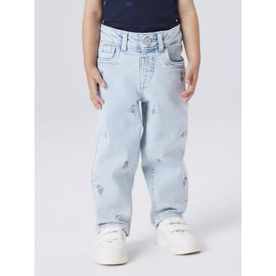 Mom-Jeans NAME IT "NMFBELLA MOM EMB JEANS 1224-FR NOOS", Mädchen, Gr. 98, N-Gr, light blau denim, Denim/Jeans, Obermaterial: 98% Baumwolle, 2% Elasthan, bestickt, leichte Abriebeffekte, bequem lang, Jeans