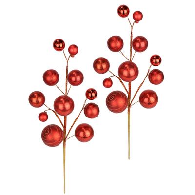 Kunstzweig I.GE.A. "Kunstzweig mit Kugeln", rot, B:15cm H:47cm L:7cm, Kunststoff, Kunstpflanzen, Kunstzweig, 2er Set Deko Zubehör für Adventskranz Kranz Girlande Weihnachtsdeko