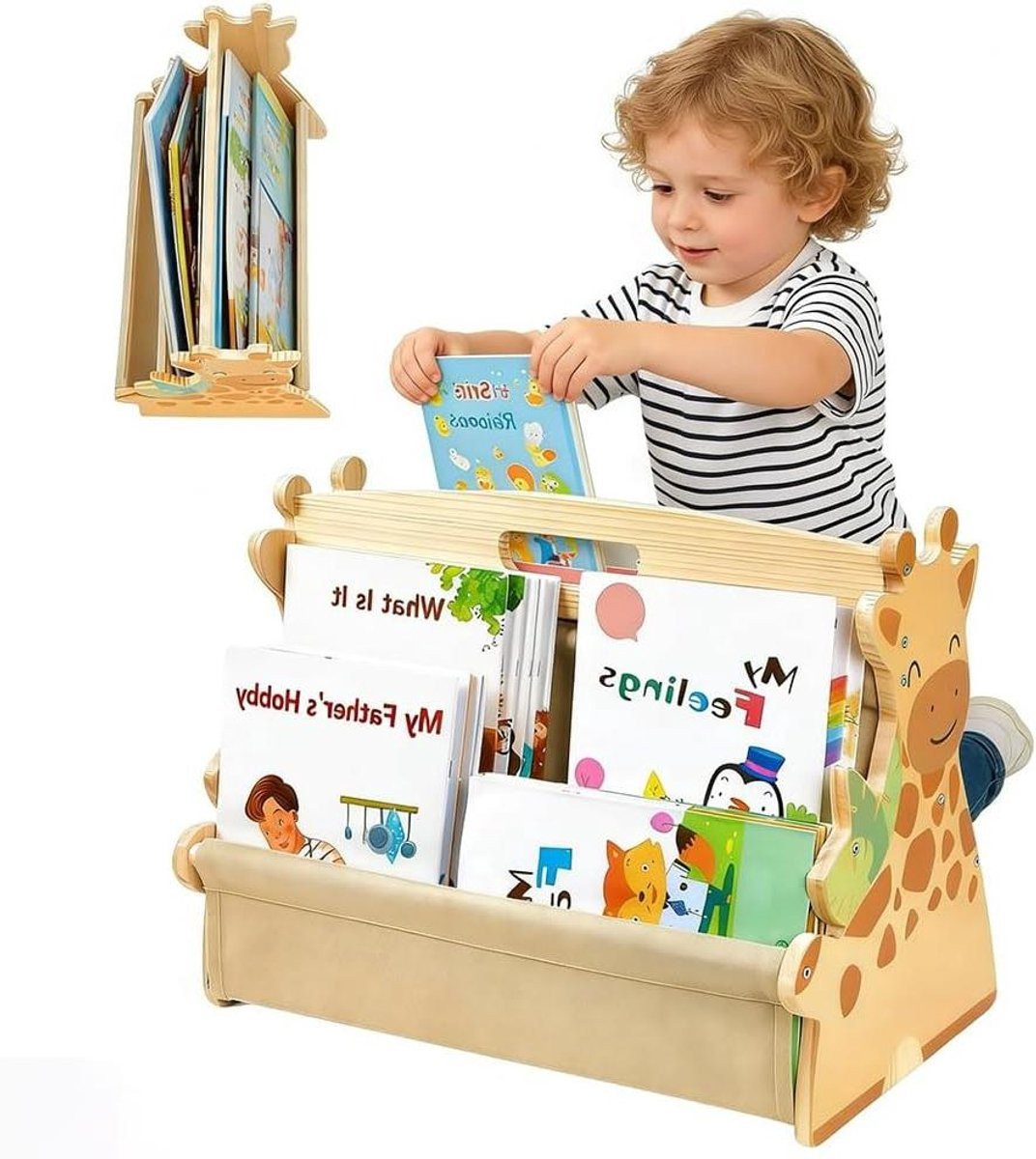 Merkloze houten kinder boekenkast met 4 vakken en dubbelzijdig ontwerp