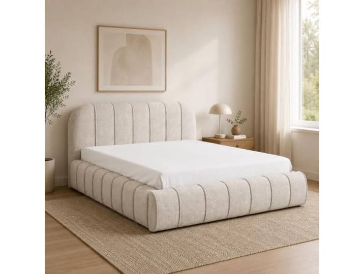 Home Collective Polsterbett Doppelbett Bett mit Stauraum und Metall-Lattenrost Schlafzimmer Jugendzimmer Möbel weicher Stoff modernes Design Längspolsterung 120x200 cm Creme
