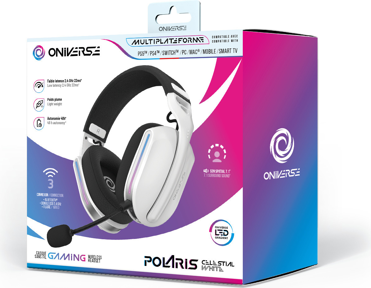 Oniverse Polaris Gaming Hoofdtelefoon met Microfoon, Bekabeld en Draadloos, Zwart-Wit, 225 g