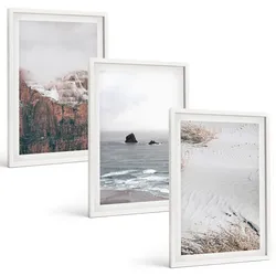 BILDER SET 3er Set - 40x60 cm Weißer Rahmen - Berge, Wolken, Meer, Sand, Natur