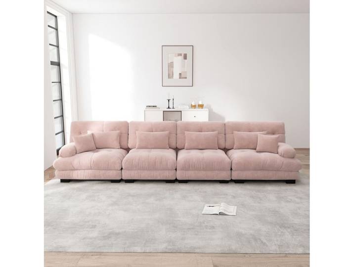 WOVREO Canape modulable 4 places en chenille rose assise profonde accoudoirs rembourres