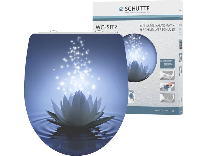 WC-Sitz SCHÜTTE Water Lily , blau (blau, weiß), B:374cm L:453cm, Duroplast, WC-Sitze, WC-Sitz, Duroplast, mit Absenkautomatik und Schnellverschluss, High Gloss