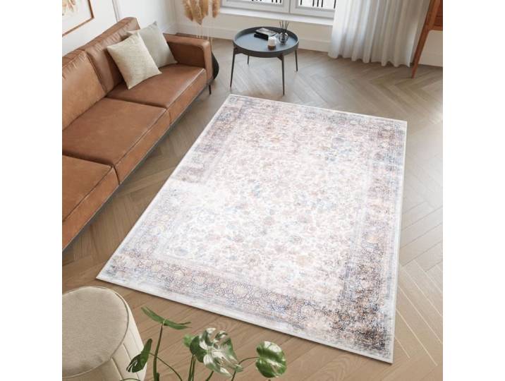 TAPISO Tapis Salon Poil Court VICTORIA Gris Bleu Beige Design Vintage Polyester Intérieur 80x150 cm