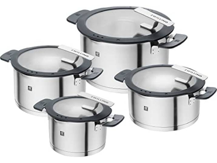 ZWILLING Simplify Batterie de Cuisine 4 Pièces\, Inox\, Induction Couvercles avec passoire intégrée\, fonction verseuse\, poignées Stay-Cool\, Gris
