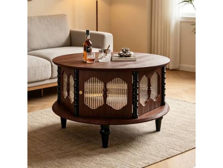EBOYNSowAprr Französischer Vintage Couchtisch aus Massivholz Runder Aufbewahrungstisch im Mid-Century Modern Stil mit geschlossenem Schrank(Two-tone,31.5x18.9 )