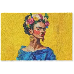 FUSSMATTE Frida Kahlo - Frau - Gelb - Blau - Blumen Schmutzfangmatte 180x120 cm