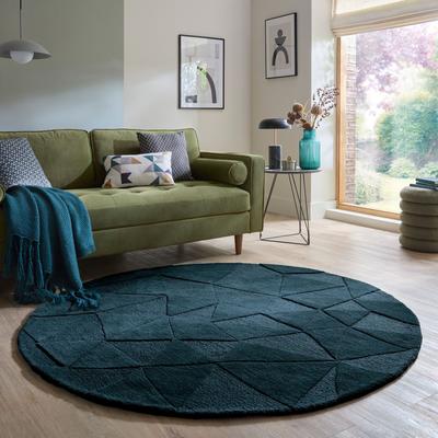 Teppich FLAIR RUGS "SHARD", blau (petrol), H:10mm Ø:160cm, Wolle, Teppiche, Teppich, Hoch-Tief Effekt, Handgearbeitet, 100 % Wollflor