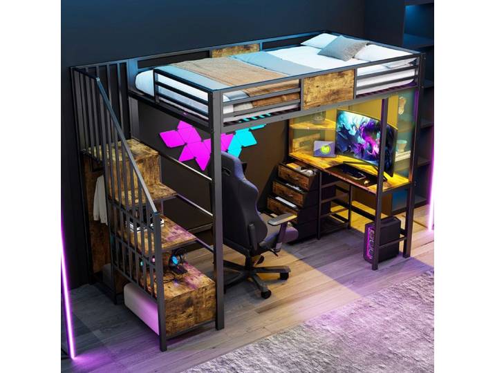 Luscriate - Lit Mezzanine 90x200 Lit Métal avec LED Bureau Étagères Penderie Prise Électrique pour enfant - Noir