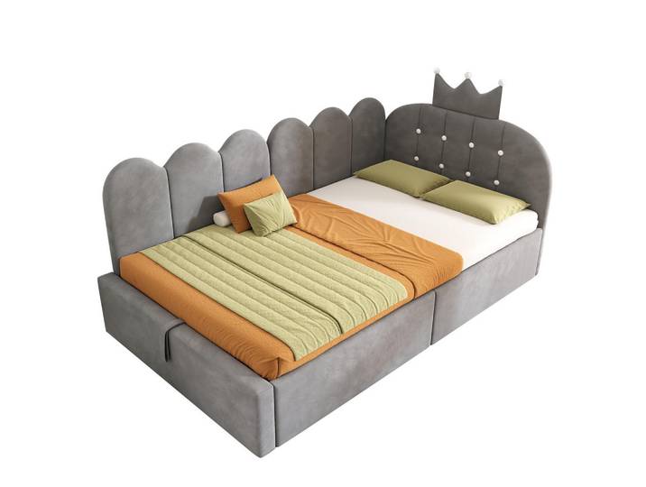 Stilvora Polsterbett 90/190 cm in Grau mit Bettkasten Samt im Kronen-Design, 90x190 cm, Schlafzimmer, Betten, Polsterbetten
