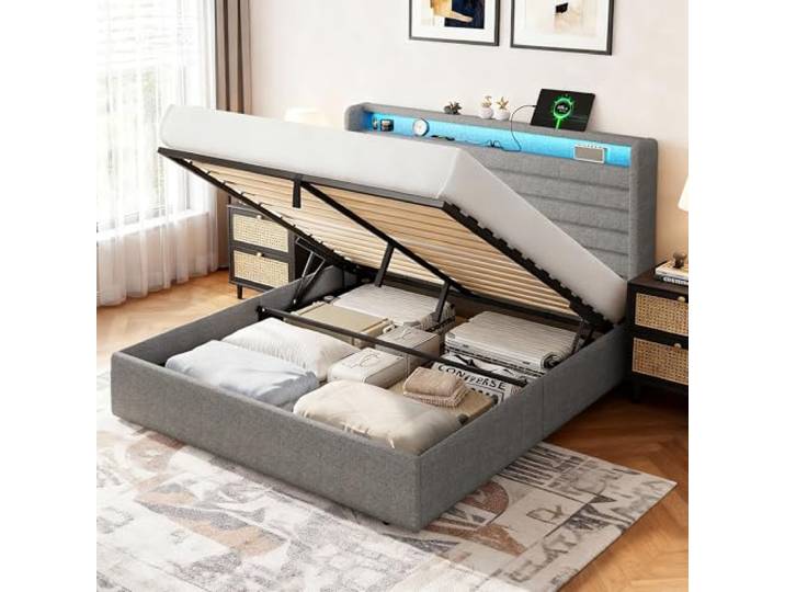 Feonase Bett 140x200 mit Stauraum Kopfteil & Hydraulischem Stauraum, Polsterbett 140x200cm Doppelbett mit Leinen Kopfteil, Bettgestell mit Lattenrost, Ohne Matratze, Hellgrau