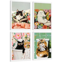 POSTER 4er Kunstdruck-Set Wandbilder Katzen modern Wohnzimmer Deko, Schlafzimmer, Küche, Badezimmer Rahmenlos A4