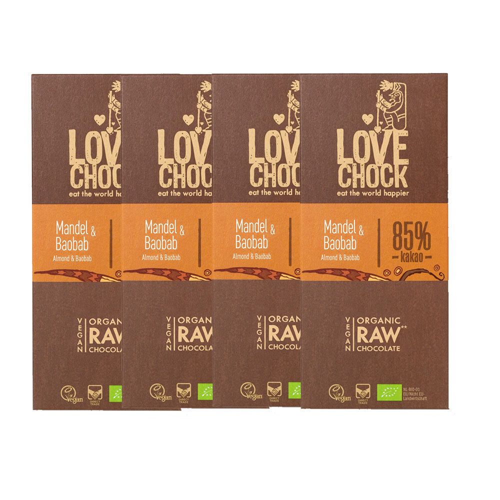 Lovechock Bio rohe Schokolade, Mandel-Baobab, Tafel 4x70 g Schokolade