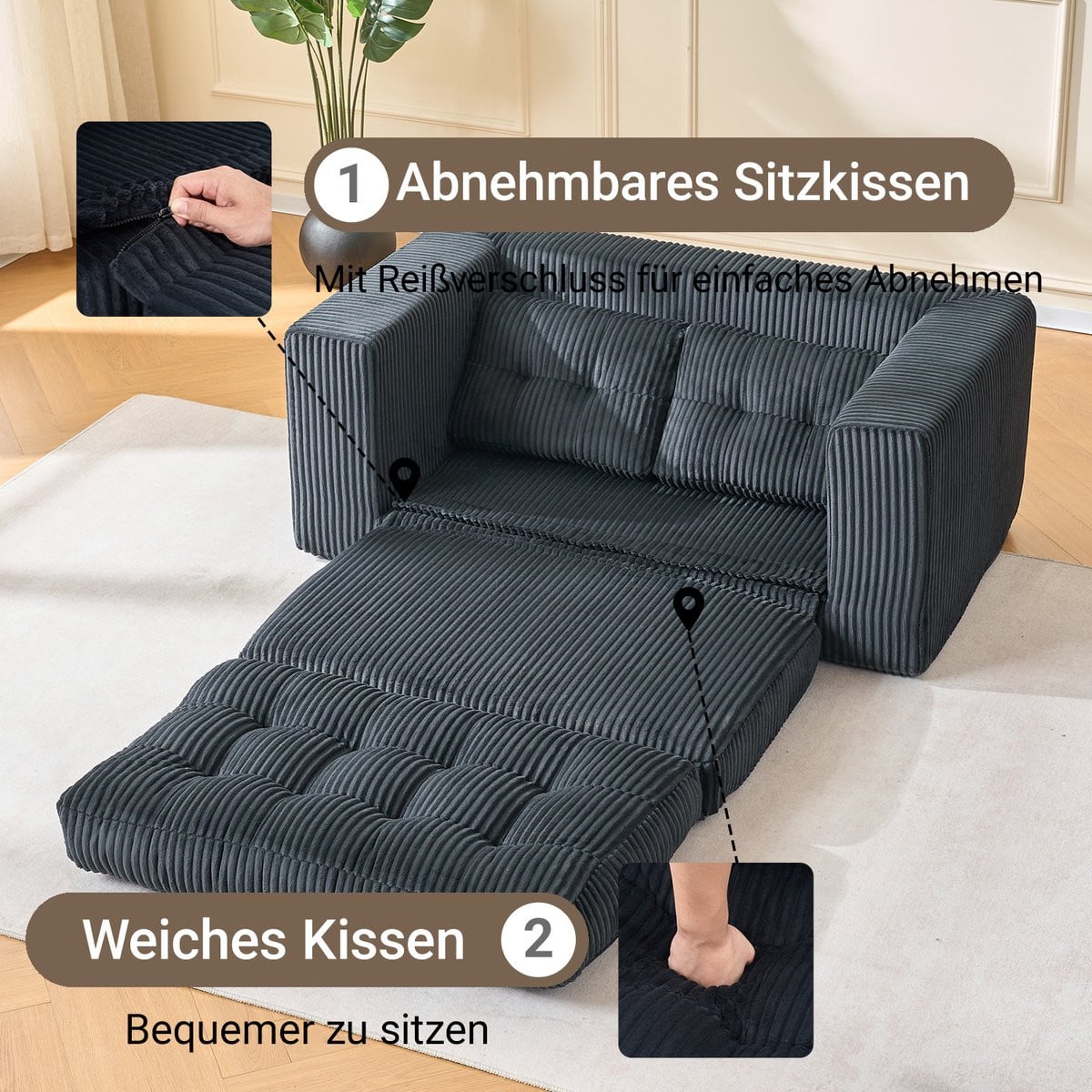 Mivray 2-Zits Slaapbank - Opvouwbaar Logeerbed met Ribstof Bekleding - Zwart