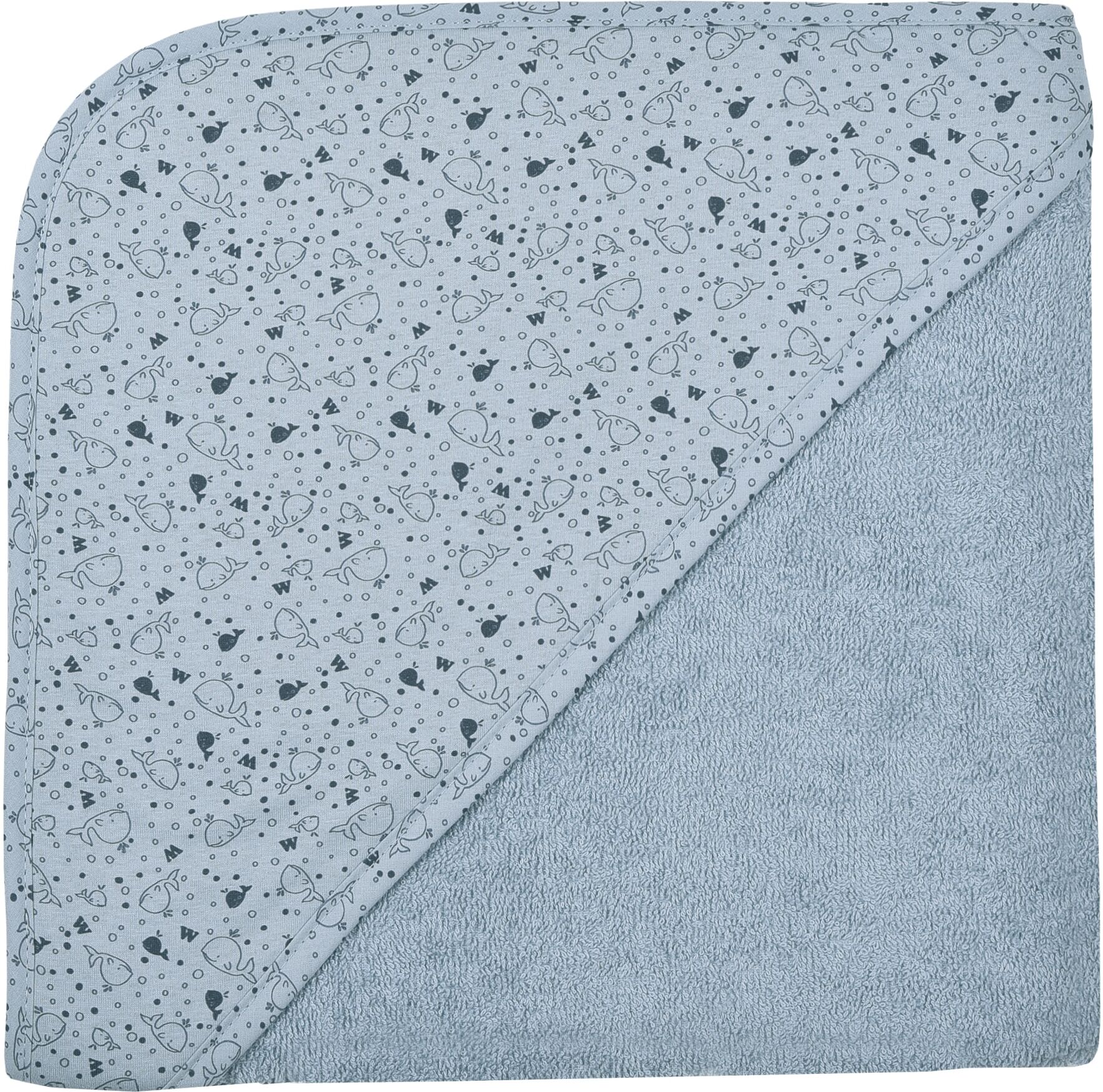 Kapuzenhandtuch WÖRNER "Wal stahlblau Kapuzenbadetuch 100/100", blau (stahlblau), B:100cm L:100cm, Frottee, Frottier, Handtücher, Kapuzenhandtuch, obere Lage der Kapuze aus bedrucktem Single-Jersey stahlblau B/L: 100cmx100cm, 1 Stk., Frottee