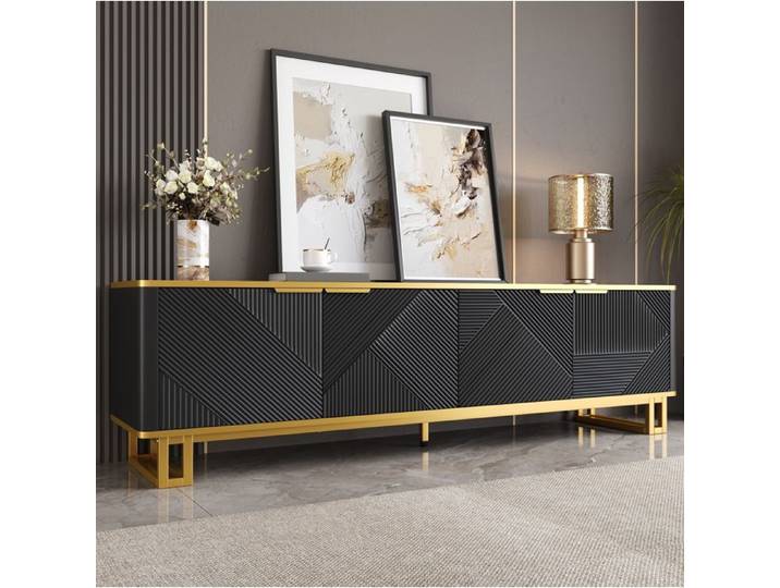 Meuble TV - VIVRYN - Design Géométrique - 4 Portes - MDF et Structure Métal - Noir et Doré - 160 x 37 5 x 48 cm