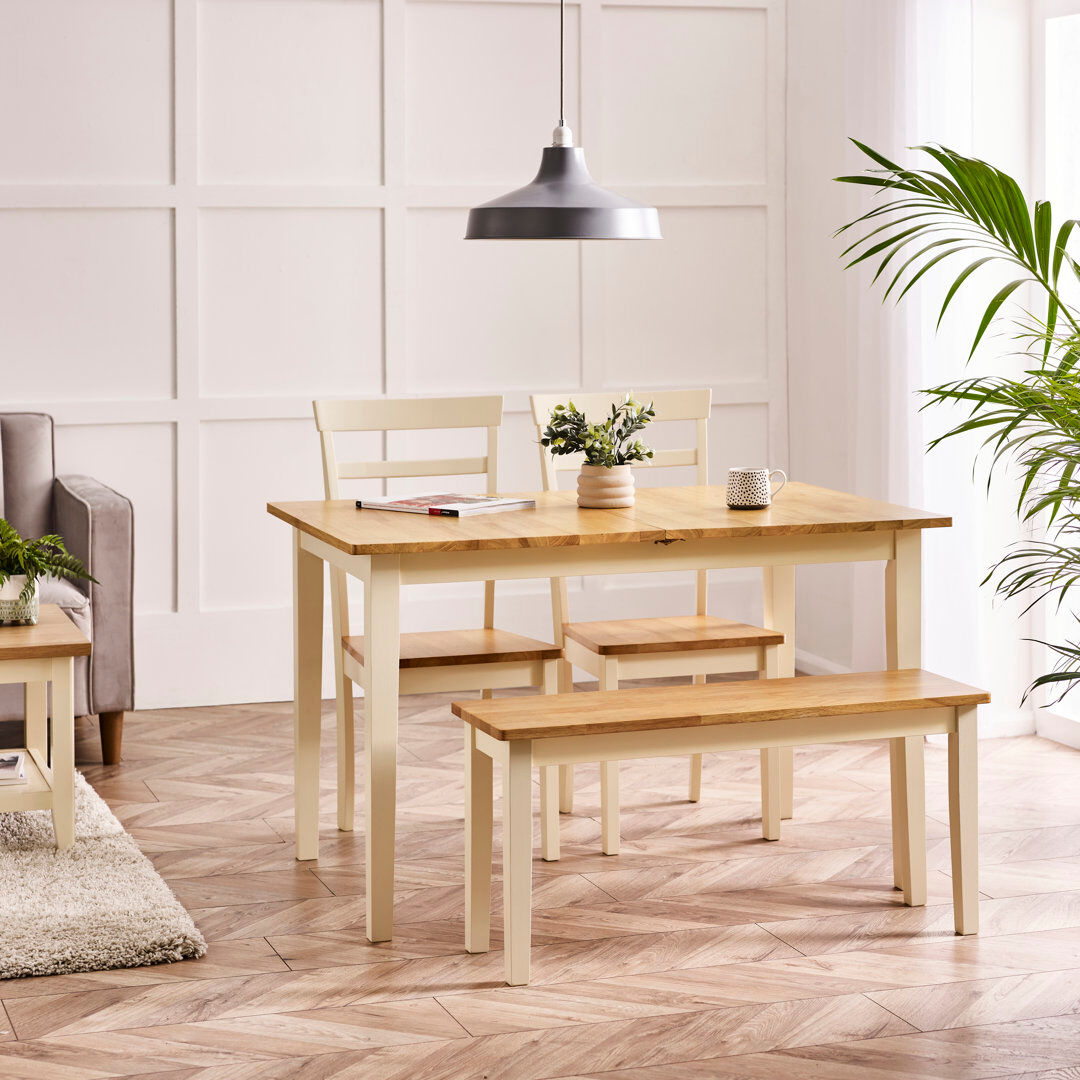 Ebern Designs Alissah Solid Wood Farmhouse Extendable Dining Table Set with x2 Dining Chairs & x1 Dining Bench Oak 4
