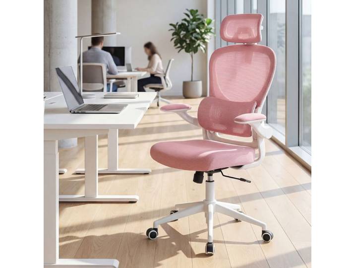 Ya-Home Chaise de Bureau Ergonomique Fauteuil de Bureau avec 4D Appuie-Tête Soutien Lombaire Siège en Maille Respirante Rose